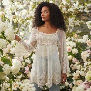 Style Tunic Top/beach cover up. Sheer, crochet knit, bell sleeves Size Med